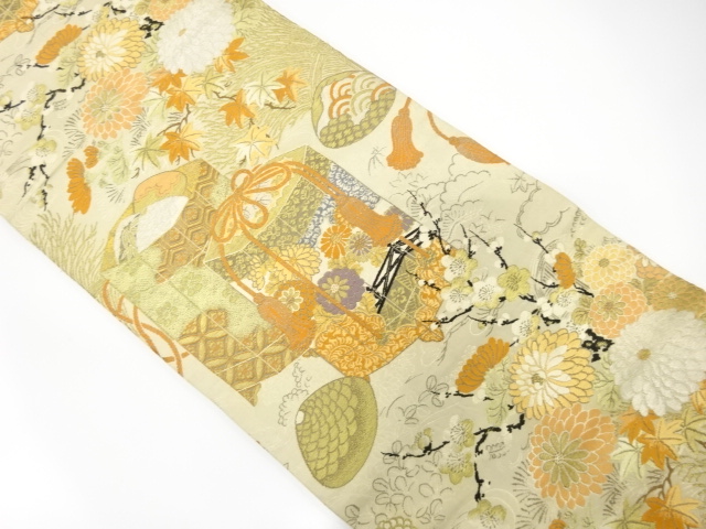 JAPANESE KIMONO / ANTIQUE MARU OBI / WOVEN KIKU & UME